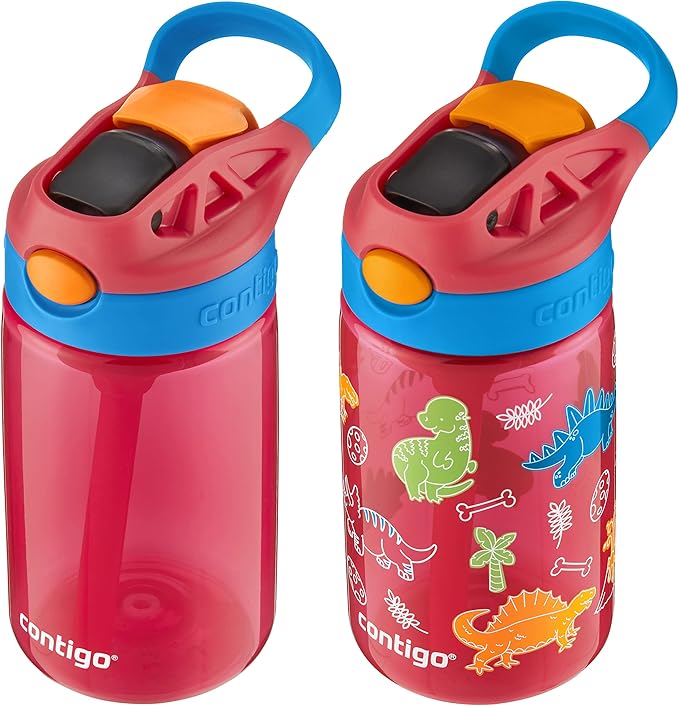 Contigo Aubrey Kids Water Bottle, 2-Pack, 14oz, Watermelon & Dinos, Spill-Proof Lid, Dishwasher Safe, BPA Free, Red and Blue | Kids, Cleanable, with Silicone Straw, Spill-Proof Lid, 2-Pack, Dishwasher-Safe
