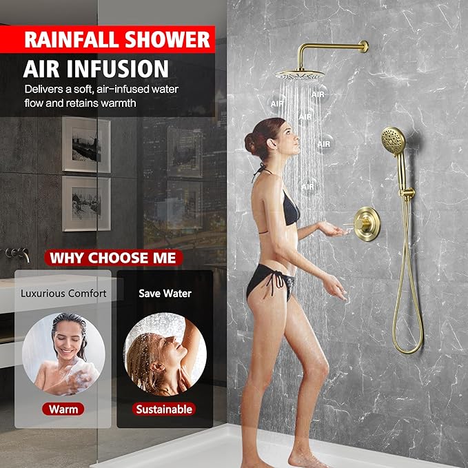 sumerain Brushed Gold 9 inch Rain Shower System with Filtered Handheld Shower Head for Hard Water, Rough-In Valve Included