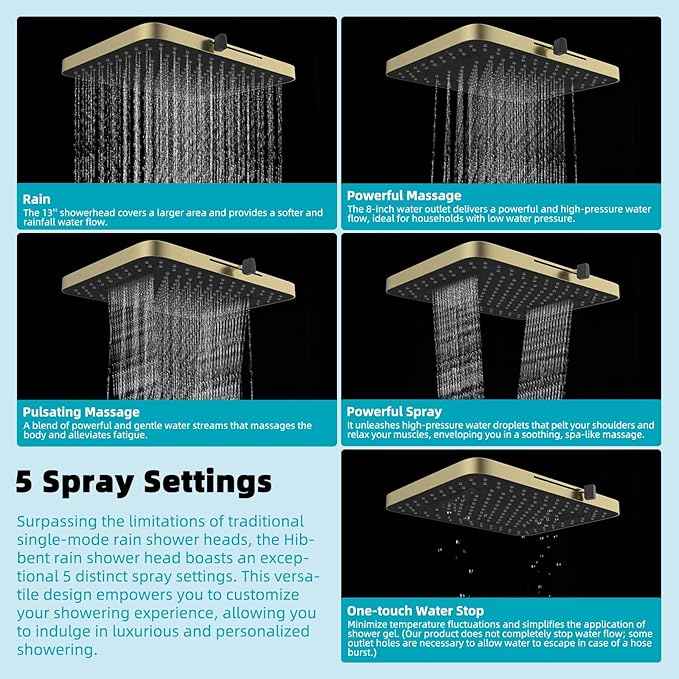 Hibbent 5 Spray Modes Shower Head, 13'' High Pressure Rain Shower Head, Large Rainfall Showerhead for Bathroom, High Flow Waterfall Fixed Showerheads with Adjustable Swivel Ball Joint, Brushed Gold