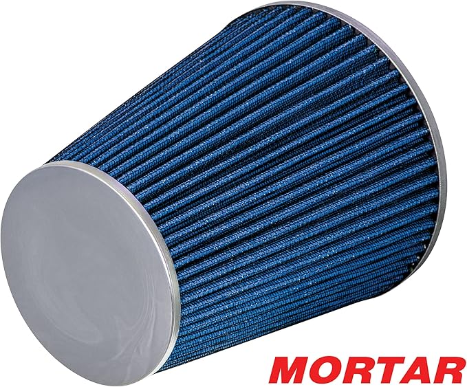 Mortar Aftermarket Auto Air Filter - Car Enthusiast Class Universal Cold Air Intake Gulps in More Air for More Engine Power & Passionate Induction Sound, 8-In-Long, Flange ID 3.5 In, Blue