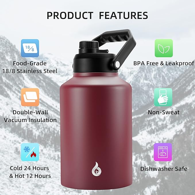 BJPKPK One Gallon(128 oz) Insulated Water Bottle, Dishwasher Safe Stainless Steel Jug, BPA Free Jug with Ergonomic Handle & Anti-slip Bottom, Large Water Bottle, Brick Red