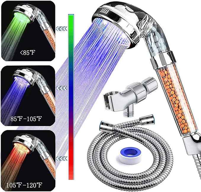 PRUGNA LED Shower Head with Hose and Shower Arm Bracket, High-Pressure Filter Handheld Shower for Repair Dry Skin and Hair Loss - Color Changes with Water Temperature