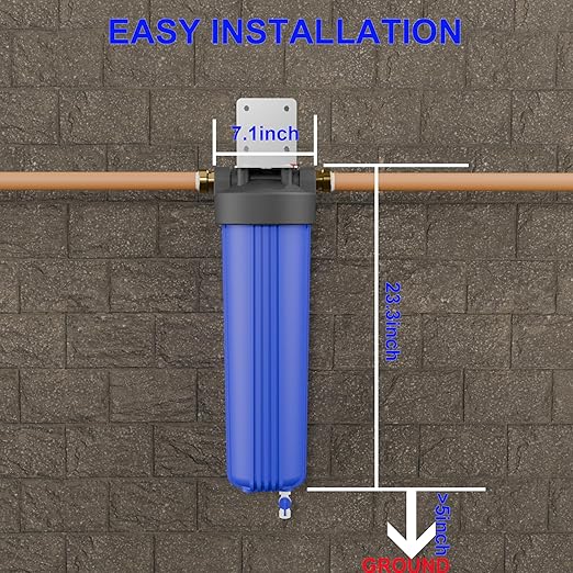 20" x 4.5" Whole House Water Filter Housing with Bottom Drain Port - 1" NPT Brass Ports, BPA-Free Blue Sump, Double O-Ring Leak-Proof - Fits All Standard 20x4.5 Filters