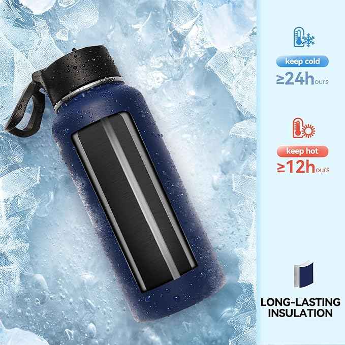 Neihepal 32 oz Insulated Water Bottles Bulk with 2 Lids (Straw & Spout Lid), Stainless Steel Double Wall Water Bottle, Keeps Cold 24H & Hot 12H (Navy,8 Pack)