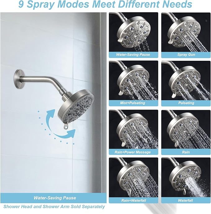OFFO Shower Head, High Pressure Shower Head with Pause Mode, 9 Mode Fixed Showerheads for Strong Water Flow & Relaxing Shower Experience, Brushed Nickel - AquaVibe