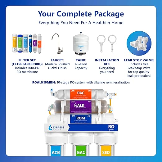 Express Water 10 Stage Reverse Osmosis Alkaline Water Filtration System - Under Sink Water Filter with Faucet and Tank, 100 GPD