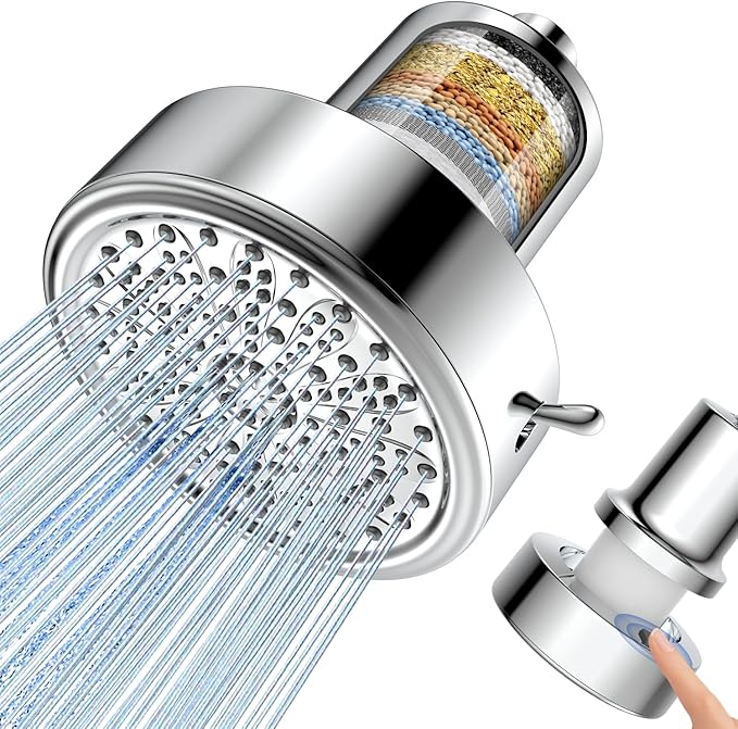 Filtered Shower Head with Filters, High Pressure 6 Spray Modes Rain ShowerHead for Hard Water, Remove 99.99% Chlorine, Heavy Metals for Healthier Skin/Hair (Chrome, 5 Inch Round)