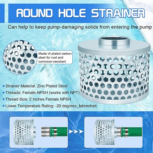 3” Pump Suction Hose Strainer, Round Hole Steel Basket Water Suction Filter, Carbon Steel Plated, with NPT Female Thread (3 inch)