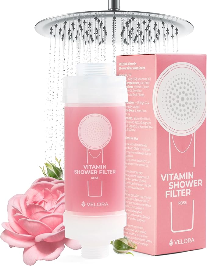 VELORA Vitamin C Shower Filter - Rose-Scented Aromatherapy Shower Water Filter and Softener - Universal Showerhead Bathroom Attachment - Replenish Dry Skin, Soften and Nourish Hair