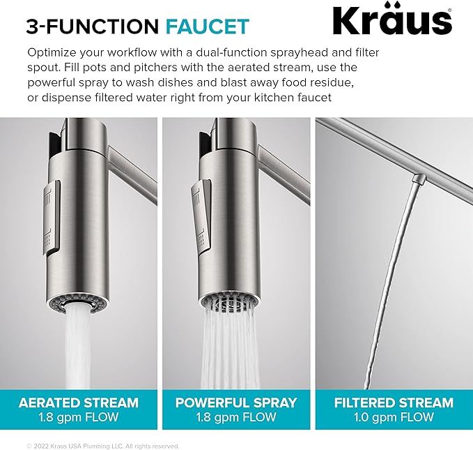 KRAUS Oletto 2-in-1 Commercial Style Pull-Down Single Handle Water Filter Kitchen Faucet for Reverse Osmosis or Water Filtration System in Matte Black, KFF-2631MB