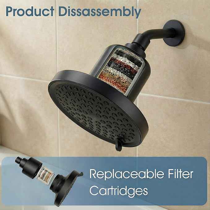6" Shower Head and 25 Stage Shower Filter Combo, High Pressure 7 Spray Settings Filtered Showerhead with Water Softener Filter Cartridge for Hard Water Remove Chlorine and Harmful Substances(Black)