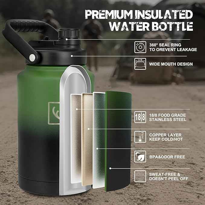 NATURE PIONEOR 1 Gallon Tactical Water Bottle Set, Stainless Steel 128 oz Sport Water Bottle with Tactical MOLLE Bottle Carrier Sleeve, for Outdoor Work, Gym, Hiking, Camping