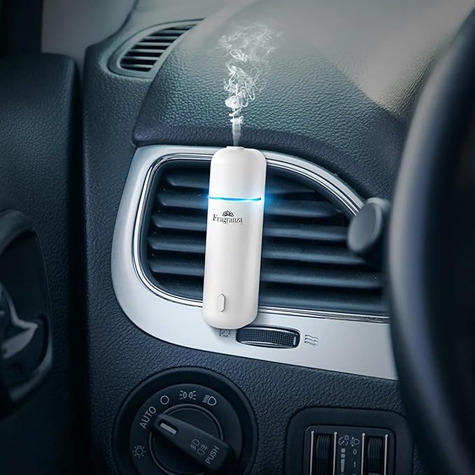 Car Mini Diffuser – Luxury Waterless Car Scent System with Motion Sensor | Includes 6 Premium Scents (White)