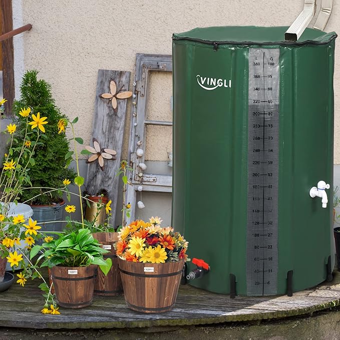 VINGLI New 100 Gallon Collapsible Rain Barrel with Volume Scale Mark, Portable Water Storage Container Rain Catcher Barrel, Rainwater Collection System Downspout with Filter Spigot Overflow Kit …