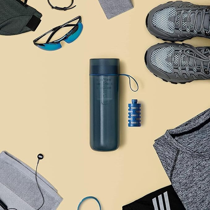 PHILIPS Filtered Water Bottle, GoZero Active BPA-Free Water Bottle with Adventure River/Lake/Spring Water Filter for Hiking, Camping & Fitness Tap Water Filter for Gym, Sport Squeeze Bottle 20 oz Grey