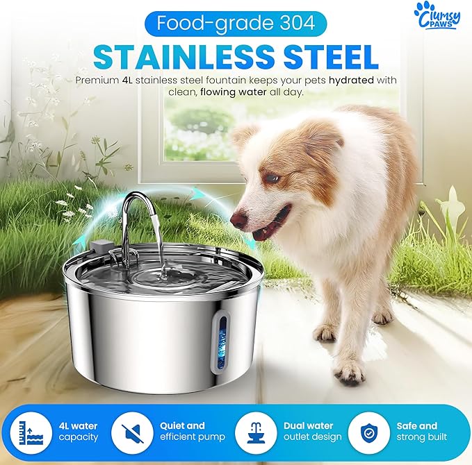 Wireless Cat Water Fountain Stainless Steel, 4L Automatic Water Dispenser for Dogs, Cats & Other pet, Quiet Filtered Drinking Fountain with Dual Water Outlets and USB Power for Indoor Use