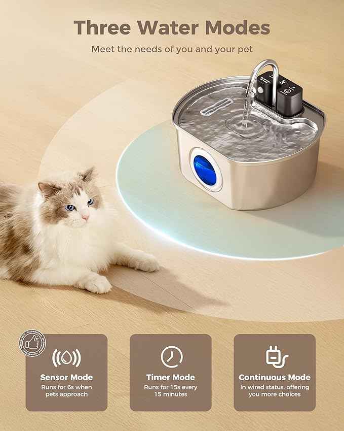 Cat Water Fountain Stainless Steel - Wireless 3.2 L/108 oz Battery Operated Automatic Pet Drinking Fountain for Cats - Cordless Water Dispenser with 4000 mAh Rechargeable Battery (1 Filter)