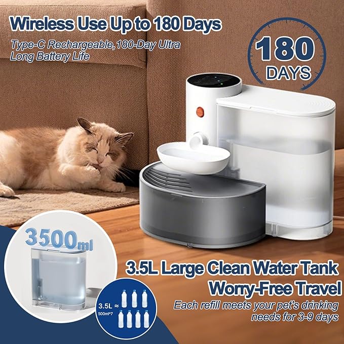 Smart Pet Water Fountain, 3.5L/118oz Large Capacity Automatic Water Dispenser Filterless Wireless Cat Water Fountain for Cats & Small Dogs, Ultra-Quiet with Water Absorbent Pad