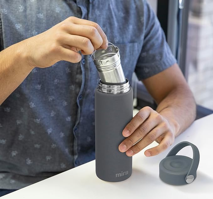 MIRA 18 oz Tea Infuser Thermo - Stainless Steel Travel Bottle with Removable Strainer for Loose Leaf Tea - Insulated Hot & Cold Brew Steeper - Smoke Gray