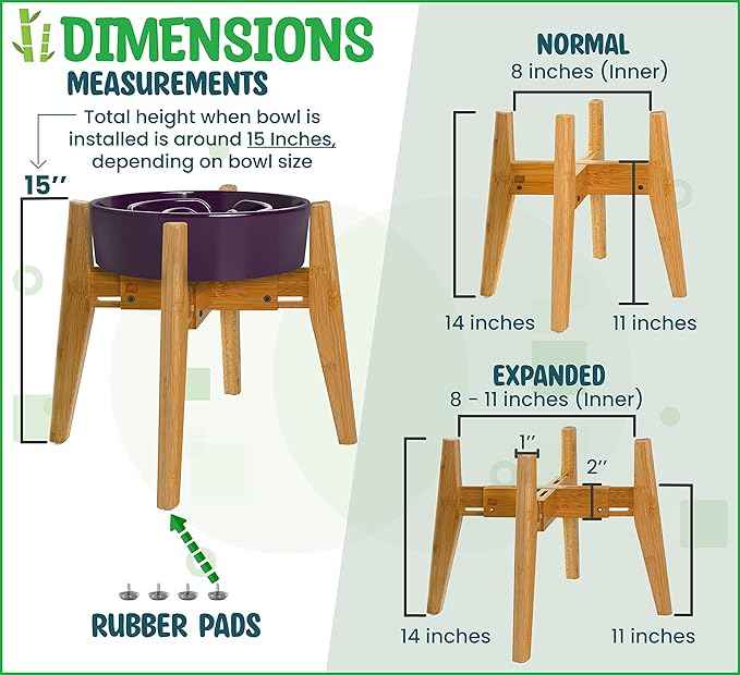 Dog Bowl Stand (14-inch High) - Ideal for Large Breeds, Use to Elevate, Raise Pet Dishes, Water Fountains and Slow Feeders - Adjustable Sideways, Bamboo - (Bowls not Included)