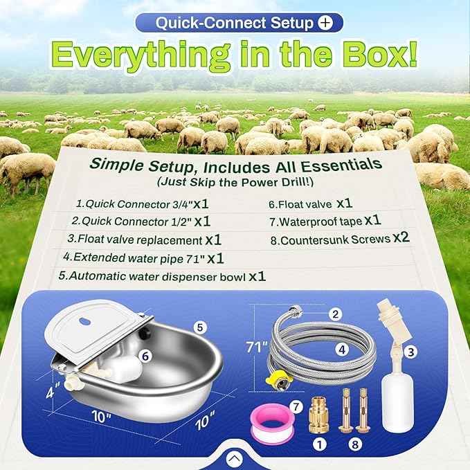 Automatic Animal Drinking Water Bowl with Drain Hole & Float Valve, 71" Extended Pipe, Stainless Steel Waterer Feeder Farm Dog Dispenser Kit Self Filling for Livestock Horse Goat