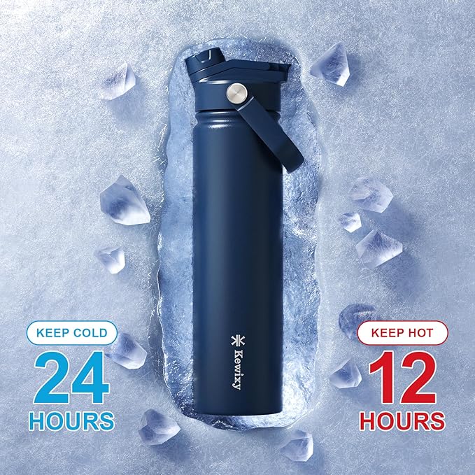 KEWIXY 24 oz Insulated Water Bottle, 2-in-1 Lid, Straw & Spout with Protected, Leak Proof, Keep Cold, Stainless Steel, Metal, Reusable, Handle, for Travel, Gym and School, 2 Lids, Denim Blue