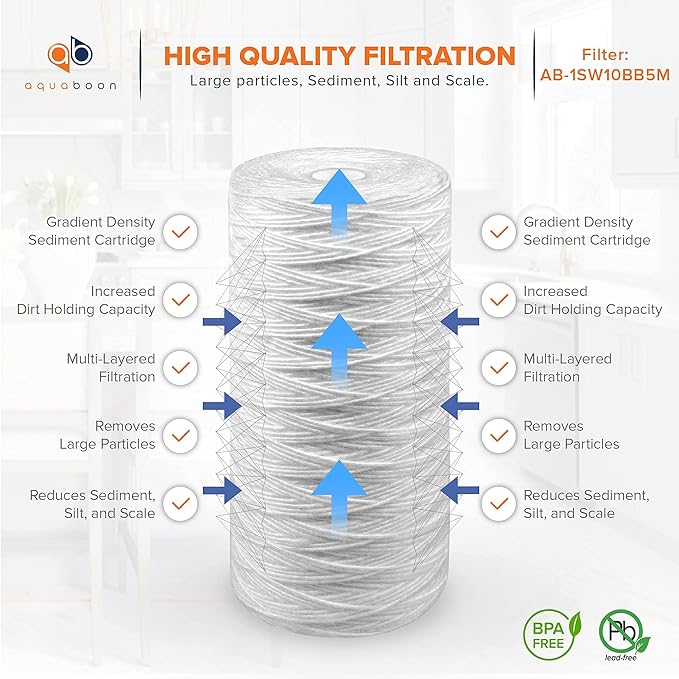 Aquaboon 5 Micron Water Filter 10 x 4.5 inch - String Wound Water Filter for Whole House System - Compatible with 84637, WPX5BB97P, PC10, 355214-45, 355215-45, WP10BB97P, WP5BB97P (20 Pack)