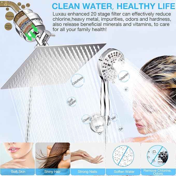 10" Dual Filtered Shower Head Showerhead Handheld Sprayer 20 Stage Water Filter Diverter 79" Hose Combo, Filtration Fixed Rain Rainfall, for Chlorine Well Water Hair Dry Skin, DSFC02 (square, 10")