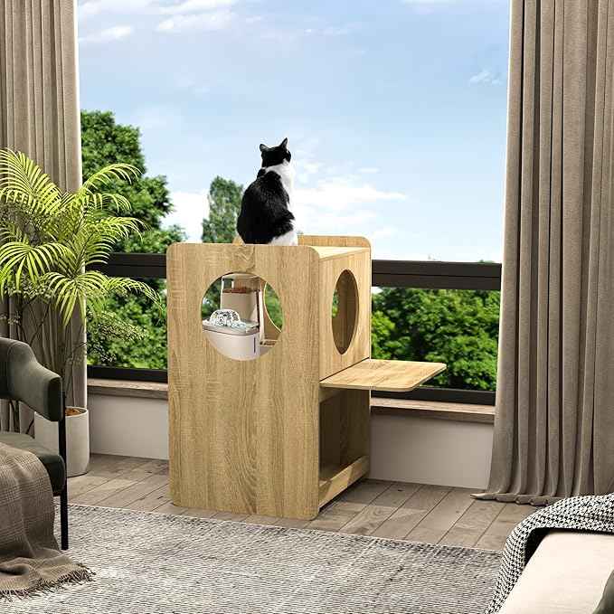 GDLF Cat Feeding Station for Water Fountain & Food, Elevated Cat Feeding Table with Spill-Proof Mat, Window Perch and Storage