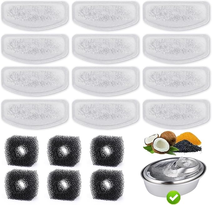 12 Pack Replacement Filters for D60 100oz/3L Automatic Pet Fountain, ZEKIRY Carbon Cat Fountain Filters, Triple Filtration Pet Water Dispenser Filter Replacement(6Pcs Pump Sponges)