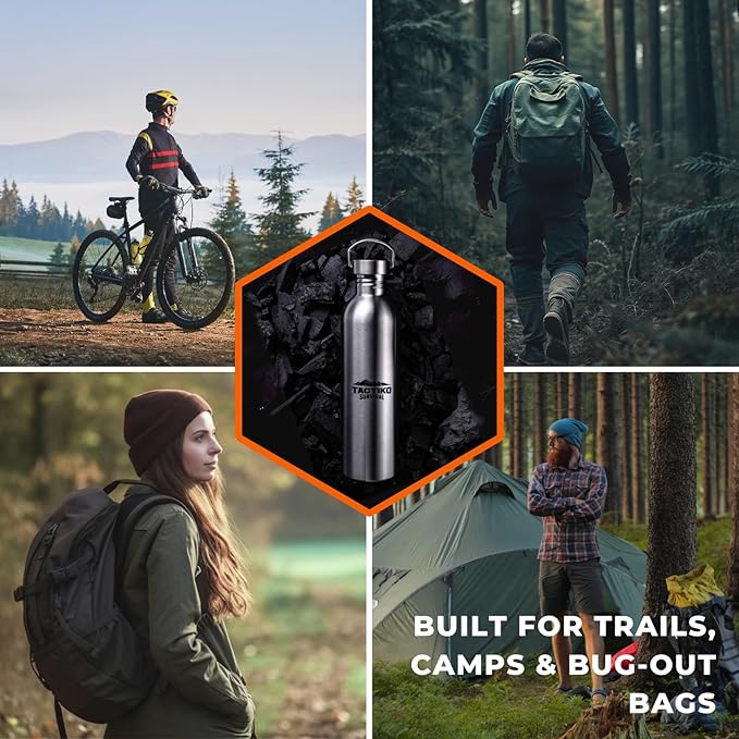 Tactiko Survival 34 oz/1000 ml Stainless Steel Wide Mouth Water Bottle, Single Wall Boil-Safe, Leakproof, BPA-Free with Carry Sleeve and Strap for Camping, Hiking, Outdoor Prep (Camo)
