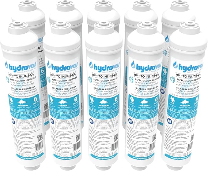 HYDROVOS Inline Water Filter for Refrigerator, Ice Maker, Reverse Osmosis System, 1/4" Quick Connect, 10" Carbon Water Filter Reduces Chlorine Taste & Odor for Drinking Water, Filtered Ice, Bulk Pack