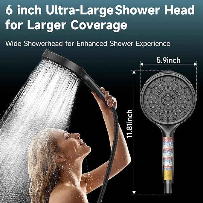 Handheld Filtered Shower Head, 6 Inch High Pressure Hand held Shower Head with Filters for Hard Water, 6 Spray Modes Detachable Showerhead with Hose, Matte Black