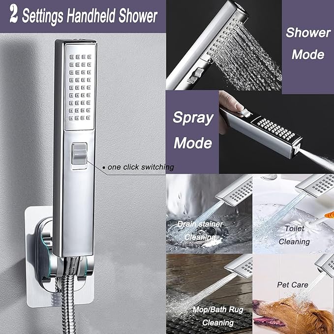 12 Inch High Pressure Square Rain Shower Head and 2-in-1 Hand Shower, Equipped with 78"Hose and 13" Shower Arm, 3 Way Diverter Valve, Shower Head Holder (AWAXFOLO Square Shower Head Set Chrome)