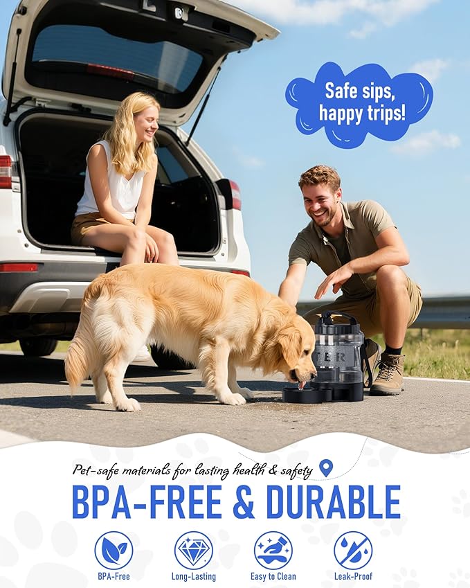 Dog Water Bottle Travel Bowl, 77oz Large Portable Dog Water Bowl Dispenser, Leakproof Pet Drinking Bottle Dispenser for Hiking Camping Walking Travelling Beach Car Trips, BPA Free, Black - AquaVibe