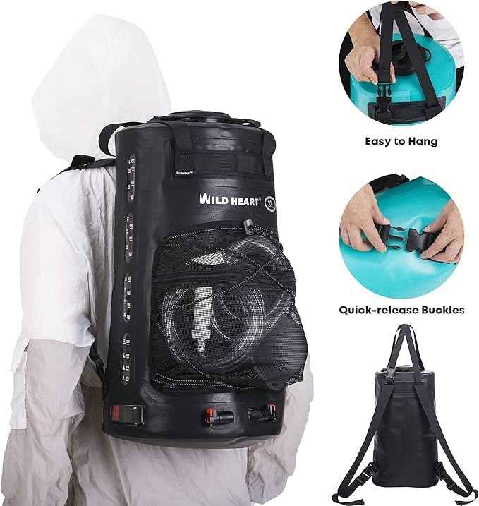 WILD HEART Camping Shower 22L/ 12L Portable Shower for Camping with Pressure Foot Pump and Hose - Solar Shower Bag Backpack for Camping, Road Trip & Outdoor Use