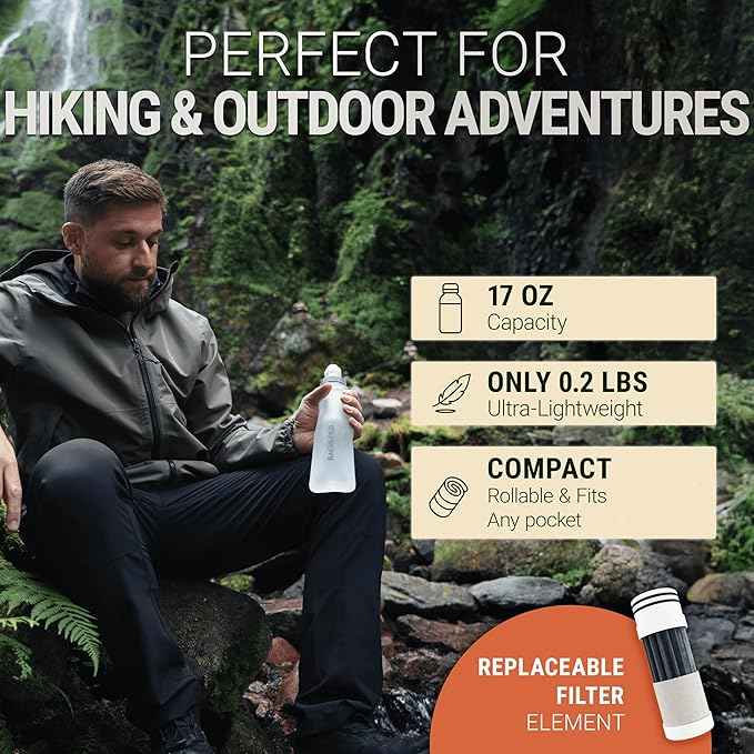 Water Filter Camping – Bachgold Foldable Squeeze Portable Water Filter for Hiking, Backpacking & Emergency Use | Ultralight Outdoor Filtration Bottle, Swiss Design