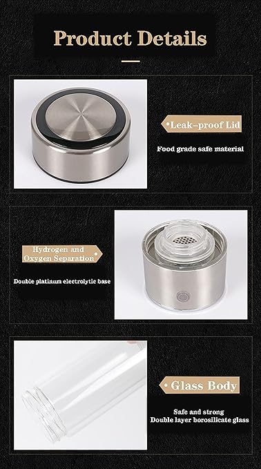Hydrogen Water Generator, 2-in-1 USB Rechargeable Glass Hydrogen Water Generator Bottle, High-Concentration Up to 1300-1600ppb, for Sport Home Travel Picnic