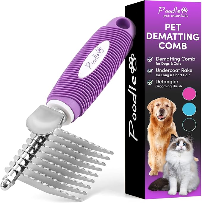 Poodle Dematting Fur Rake Comb Brush for Dogs and Cats - Long 2.5" Steel Safety Blades Metal Comb for Detangling Matted or Knotted Undercoat Hair - AquaVibe