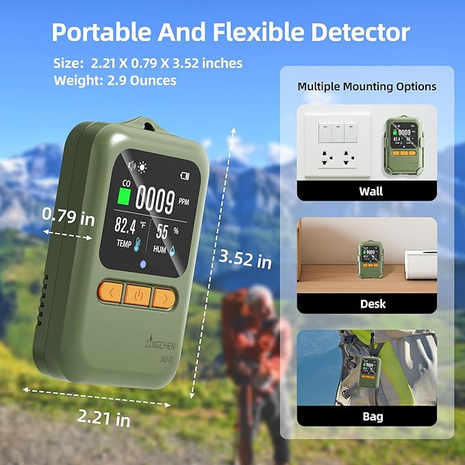 Portable 3-in-1 CO Monitor with Peak Recording Graph, Adjustable Threshold, Japan Sensor, Temp & Humidity, USB-C Rechargeable Air Quality Meter with Stand – Indoor Safety, Travel, RV