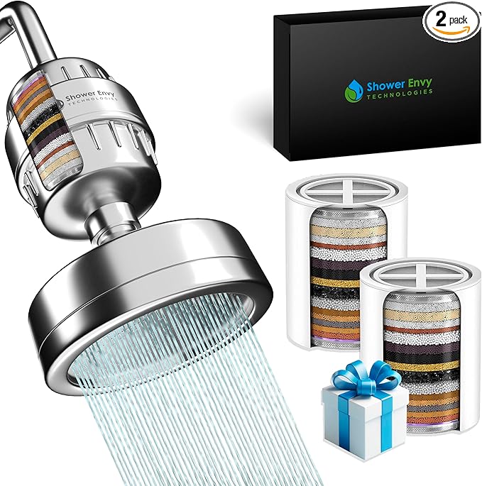 Shower Envy 5.0 Filtered Shower Head – 15-Stage Water Softener with Vitamin C & E for Healthy Skin & Hair – High Pressure, Hard Water Purifier – 2 Cartridge Included