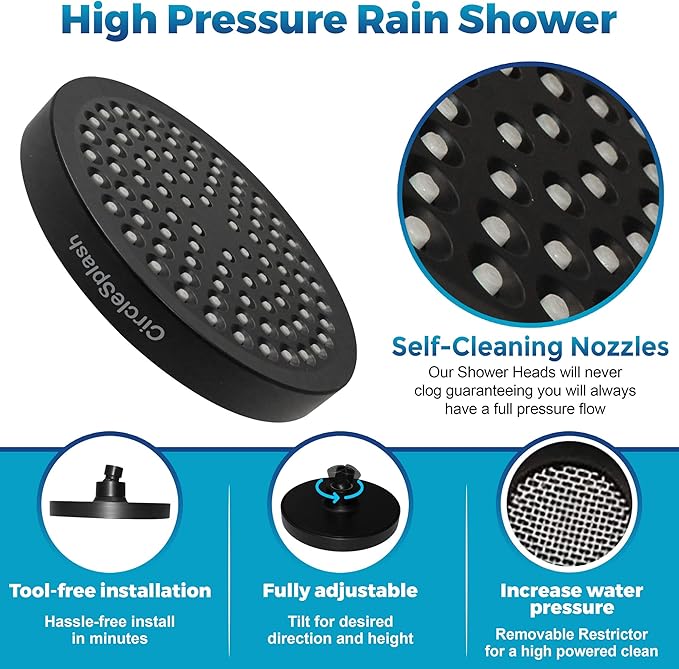 High Pressure Shower Head - Anti-Clogging Silicone Nozzles - 2.5 GPM Removable Restrictor - Easy to Clean Adjustable Replacement - easy to install with Plumbers Tape - 6 inch - Matte Black Finish - AquaVibe