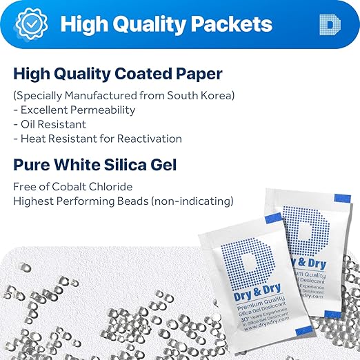 Dry & Dry 2 Gram [80 Packets] Food Grade Silica Gel Packs Desiccant Packs, Silica Packets - Rechargeable Silica Gel Packets, Desiccants, Silica Gel