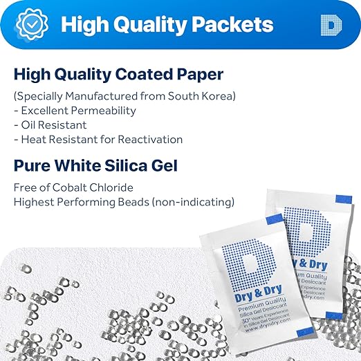 Dry & Dry 2 Gram [50 Packets] Silica Gel Packets Desiccants, Silica Packets - Rechargeable Silica Gel Packs, Silica Gel Packets, Desiccants Packets, Silica Gel
