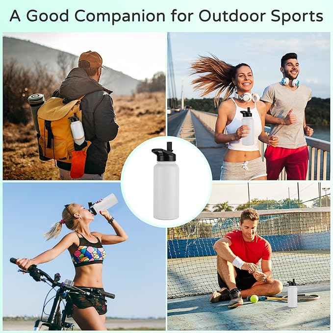 DOMICARE 32 oz Insulated Water Bottle Bulk, Vacuum Insulated Stainless Steel Sports Water Bottle with Straw Lid & Spout Lid, Leakproof, Reusable - Travel, Camping, Bike, White (8 Pack)