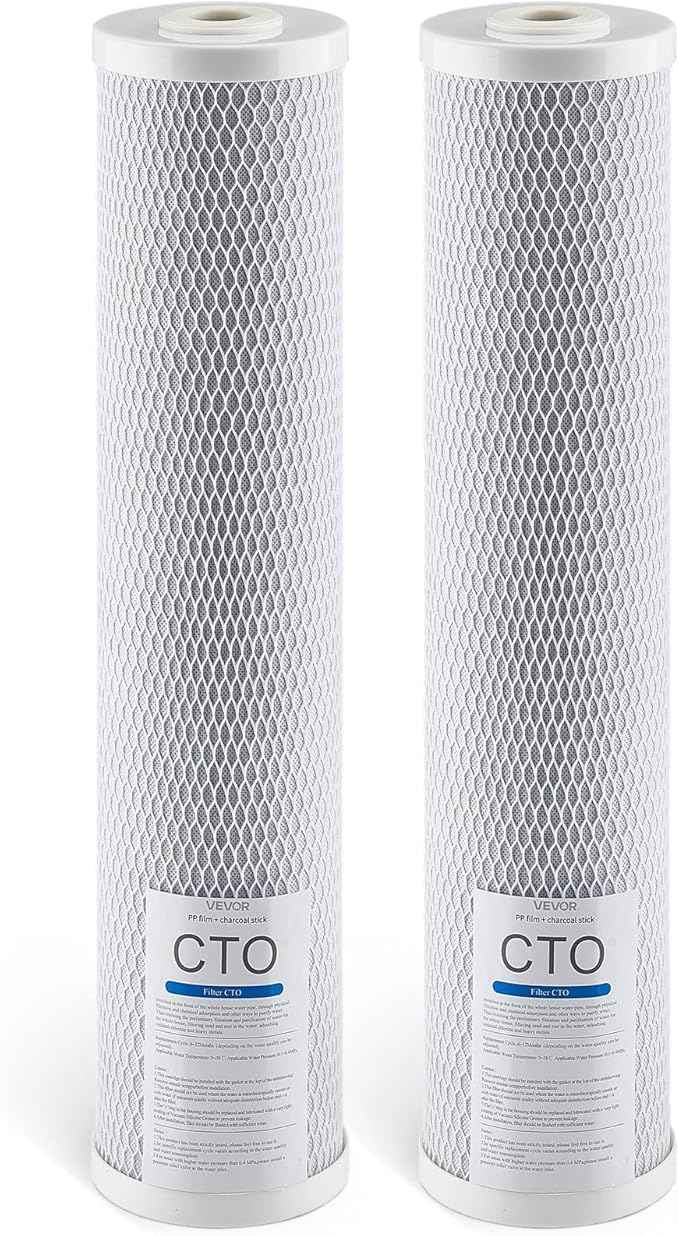 VEVOR CTO Whole House Water Filter, 20 x 4.5 Inch Universal Fit, Activated Carbon Block Cartridge Replacement, 5 Micron Coconut Shell Charcoal Filters, Reduces Chlorine, Taste & Odor, 2 Pack