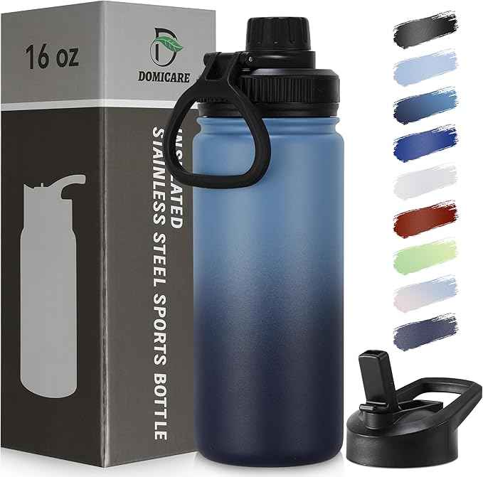 DOMICARE 16 oz Kids Water Bottle for School Stainless Steel Double Wall Vacuum Insulated Water Bottle with Straw lids & Spout Lid, Leakproof BPA Free (Blue/Navy,1)