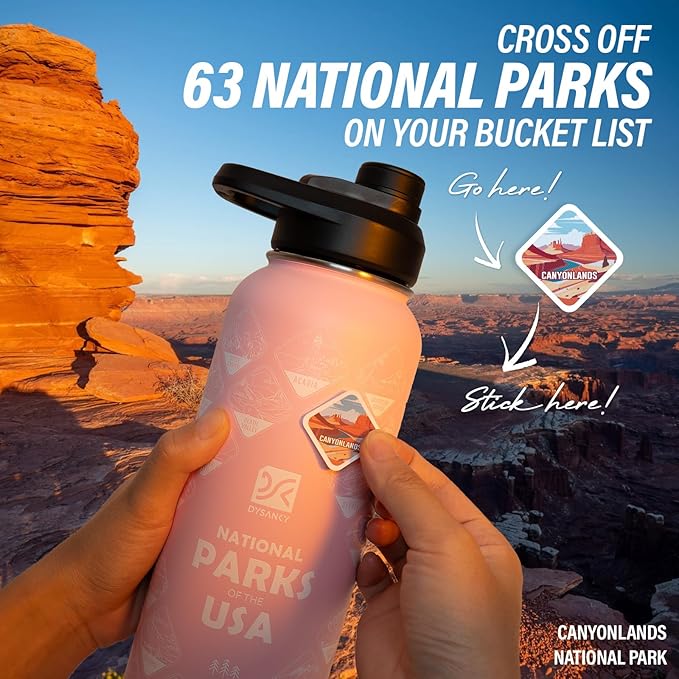 National Parks Water Bottle – 32 oz Insulated Stainless Steel Bottle with 63 Hand-Drawn Park Stickers, Carrier Bag, Strap & Gift Box – BPA-Free – Ideal for Hiking, Camping & Travel