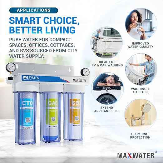 Max Water 3 Stage (Good for City Water) 10 inch Standard Water Filtration System for Whole House - Sediment + GAC + CTO Post Carbon - ¾ Inlet/Outlet