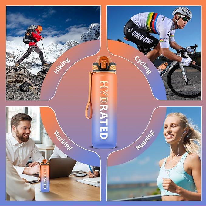 Water Bottle with Straw, 32oz Motivational Water Bottles with Time Marker to Drink, Tritan BPA Free, 1L Sports Water Bottle with Carry Strap LeakProof for Women Gym Fitness Outdoor (1 Pack)